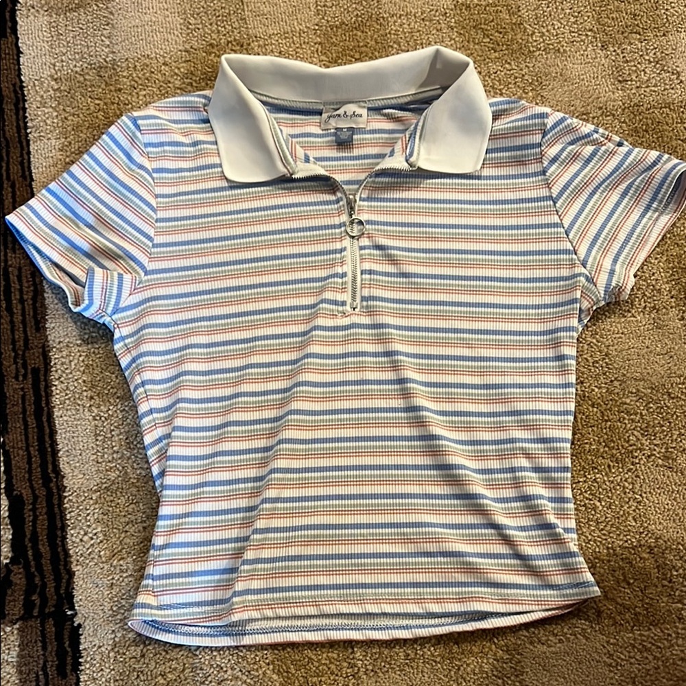 Women's Striped Polo Shirt with Zipper